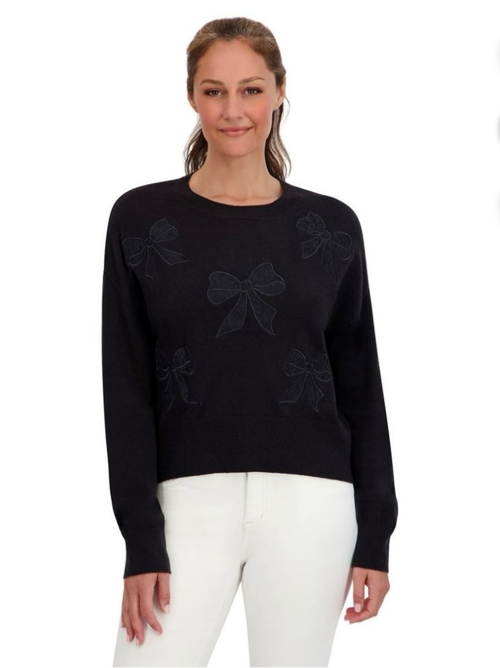 Netflix Bridgerton Women's Lace Bow Appliqué Sweater Black Size XS Soft